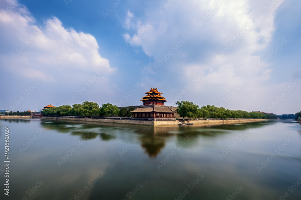Naklejka premium Forbidden City Corner Tower, Beijing - Imperial Architecture Over Water