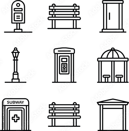 Urban city street furniture icon set with bench, subway entrance, kiosk, mailbox, lamp post and pavilion in modern blue outline vector style