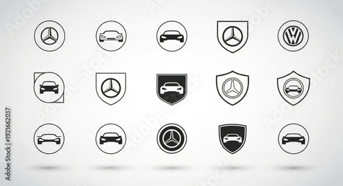 Collection of car logos and emblems in a grid pattern.