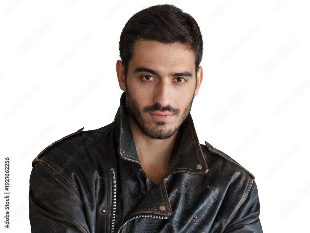 Fototapeta premium Young man in black leather jacket with a serious confident expression, close-up portrait
