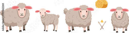Cute Cartoon Sheep Family Illustration Set with Adult Sheep, Little Lamb, Wool Ball, Campfire, and Fluffy Farm Animals for Nursery, Kids Books, Easter, and Cozy Designs