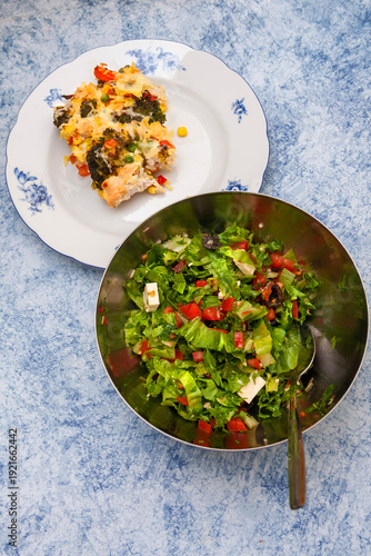 Salad of Iceberg Lettuce with Vegetables and Baked Casserole of Broccoli with Chicken,.