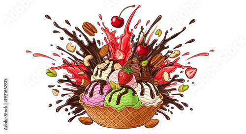 A vibrant illustration of a sundae with ice cream, strawberries, and nuts, splashing colorful toppings in a waffle cone.