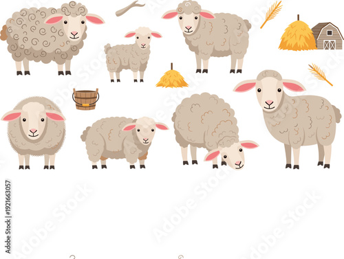 Cute Cartoon Sheep and Lamb Vector Set with Barn Haystack and Farm Elements for Childrens Books Nursery Decor and Country Life Themed Graphic Designs