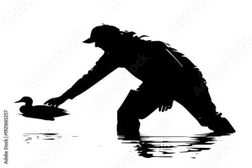 Duck Hunter in Waders Placing Decoys Silhouette Vector for Waterfowl Hunting and Wetland Conservation