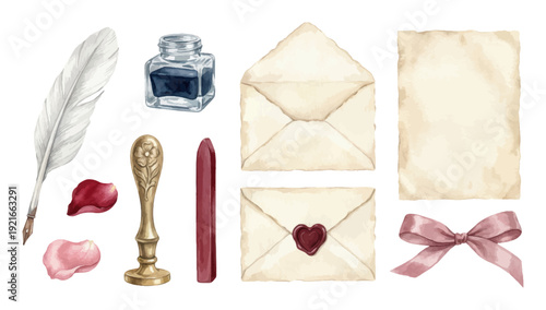 Vintage letter writing set with feathers ink and wax