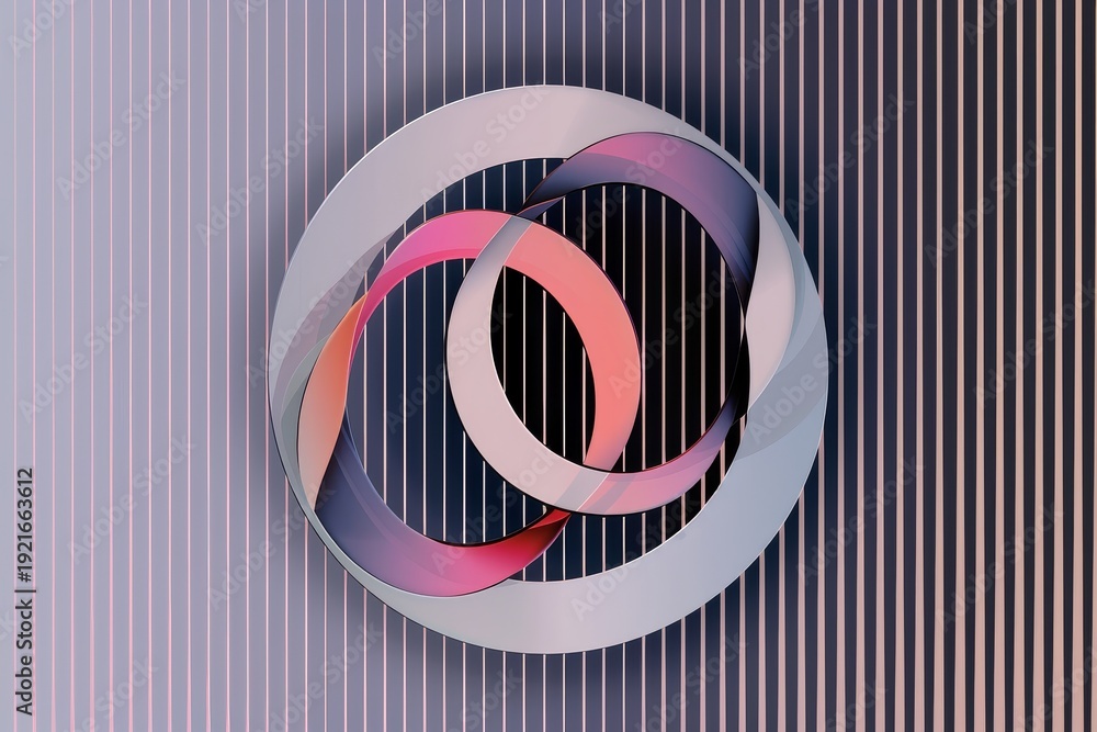 Fototapeta premium Abstract 3D logo with intertwined pink and purple circles, letter Q integrated, minimalistic design on gray striped background
