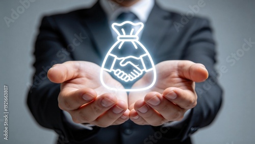 Investment partnership and funding agreement concept,hand holding money bag with handshake icon,financial support,venture capital and business collaboration symbolism