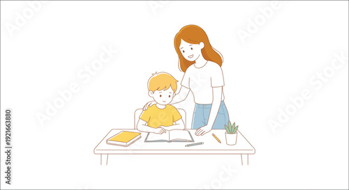 Mother helping child with schoolwork illustration