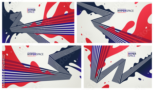 Dynamic vector abstract background set, lines in perspective with energy blast of a lava fluid in 3D space, splash in motion, modern creative art wallpaper.