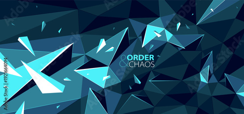 Abstract polygonal vector background of low poly surface and broken shapes particles in motion, black and blue colors order and chaos creative concept.