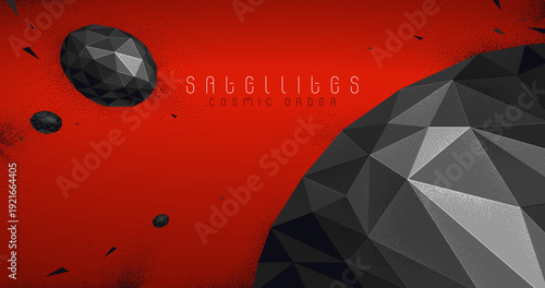 Abstract planet terrain with satellites flying around vector illustration, sci-fi space art, unknown distant planet panorama wallpaper, low poly design.