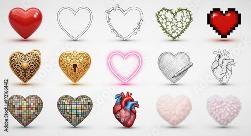 Collection of diverse heart shapes and icons.