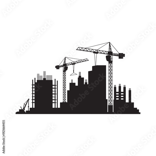 Black silhouette of construction cranes and a developing cityscape