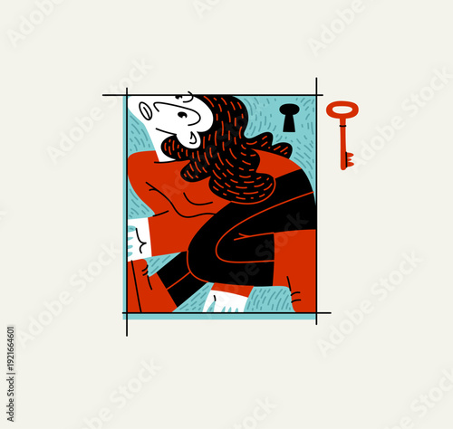Woman is locked in a rectangular frame, social and cultural restrictions concept, vector illustration of a girl in uncomfortable pose is locked in her mind barriers, cultural frame idea.