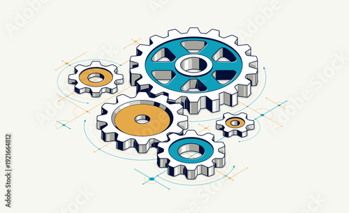 Invention renovation and development concept, gears and cogs with cad engineering drawing isometric 3D vector illustration, technology theme, machinery and engine creation.