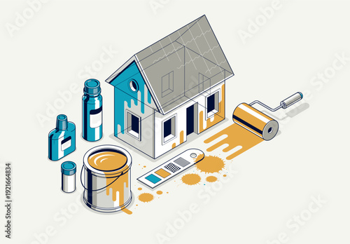 Painting house service exterior walls vector 3D isometric illustration, professional worker facade paint renovation, residential small family house or cottage, outside painting building.