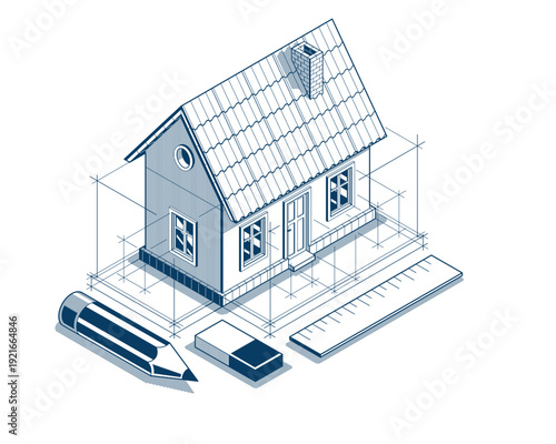 Country or town house project concept, 3D isometric vector illustration of a small house building project, countryside small house in village or outskirt.