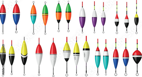 Fishing Float and Bobber Vector Icon Set with Colorful Buoy Indicators for Angling, Tackle, Freshwater, and Sea Fishing Equipment Designs