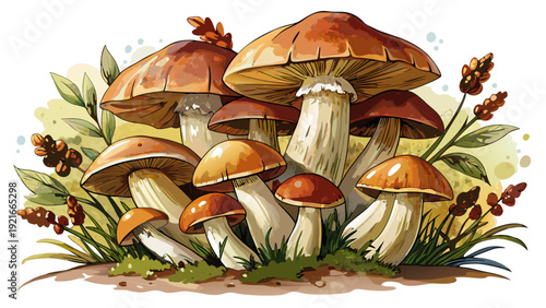 Very beautiful watercolor boletus edulis cluster featuring rich brown caps and soft organic textures, celebrating edible wild porcini mushrooms in elegant botanical illustration style.