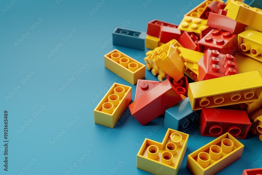 Fototapeta premium Pile of red and yellow blocks on blue background with copy space, simple 3D composition, high-resolution render