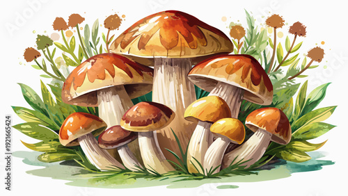 Very beautiful watercolor boletus edulis cluster featuring rich brown caps and soft organic textures, celebrating edible wild porcini mushrooms in elegant botanical illustration style.