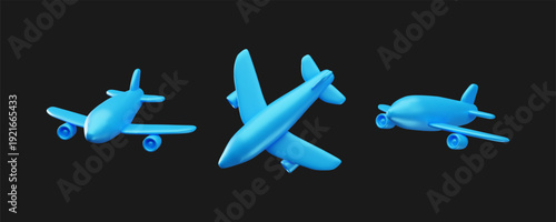 3D vector illustration of blue airplanes shown from different angles on a dark background. Modern glossy aircraft icons representing flight, aviation, air travel, transportation, logistics, and global