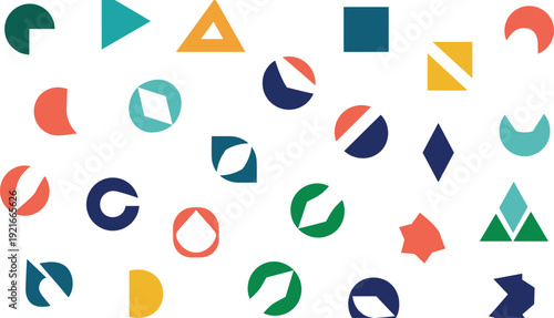 Colorful geometric shapes set, abstract design, circles, squares, triangles, diamonds, segmented patterns, modern art, visual creative resources