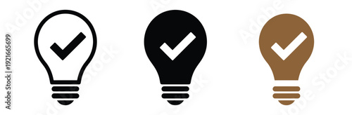 Light bulb with check mark icon vector. Symbol for creative solution, approved idea, innovation success, and smart choice validation. Vector Illustration.