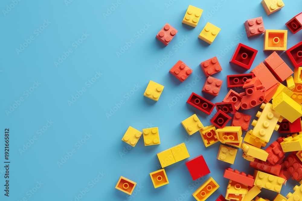 Fototapeta premium Pile of red and yellow blocks on blue background with copy space, simple 3D composition, high-resolution render