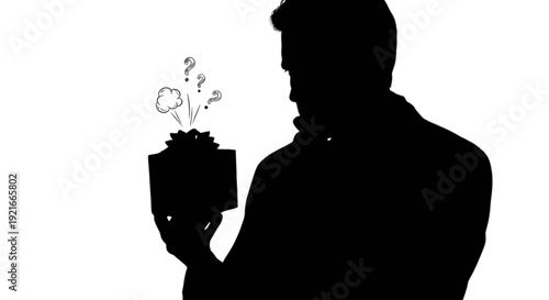 Silhouette of a person holding a bucket with question marks