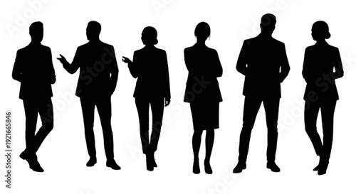 Silhouettes of six people standing in a row against a white background