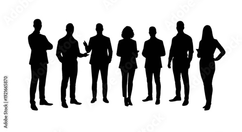 Silhouettes of seven people standing in a row against a white background