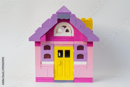Simple pink and purple LEGO house with yellow door on white background, professional photography with space for text