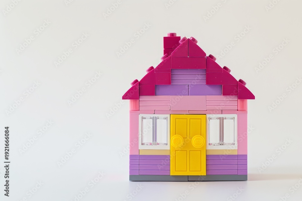 Fototapeta premium Simple pink and purple house with yellow door on white background, professional photography with space for text
