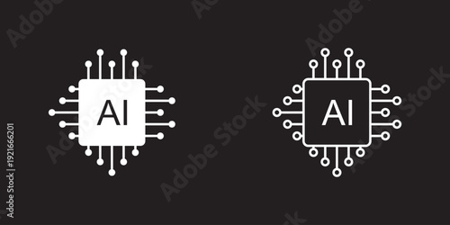 AI microchip vector icon — minimalist microchip with "AI" label, technology and processor symbol