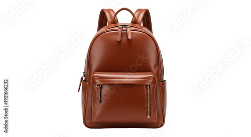 Brown Leather Backpack with Zipper Pockets.