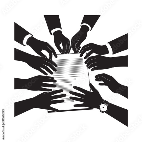 Multiple hands reaching for a document symbolizing collaboration and shared effort