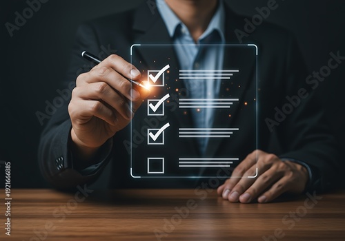 Professional signing off on a checklist with a digital interface overlay