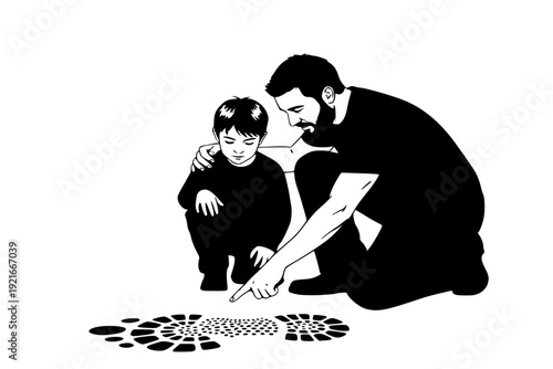 Father Teaching Child Tracking Skills Silhouette Vector for Hunting Heritage and Outdoor Mentorship Concept