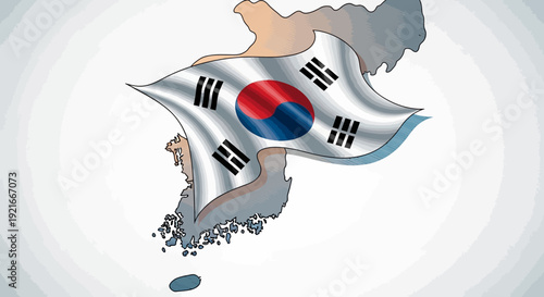 South Korean flag waving over map of Korea symbolizing national pride