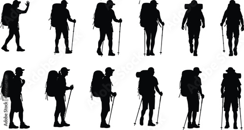 Hiker Silhouette Collection with Backpack and Trekking Poles Showing Multiple Angles Isolated on White Background Outdoor Adventure Vector Set