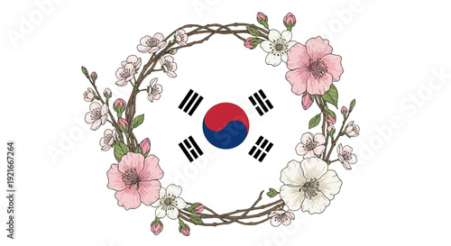 South Korean flag surrounded by beautiful cherry blossoms
