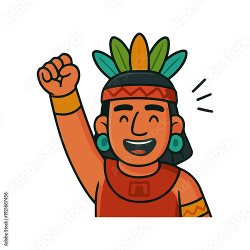 Happy Mayan character illustration. Cheerful ancient civilization man celebrating. Joyful native Mayan cartoon with raised hand.