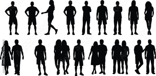 People Silhouette Collection Showing Men Women Couples and Groups in Different Poses Isolated on White Background Vector Illustration Set