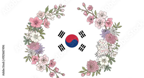 Vibrant floral wreath encircles South Korean flag symbolizing unity and national pride