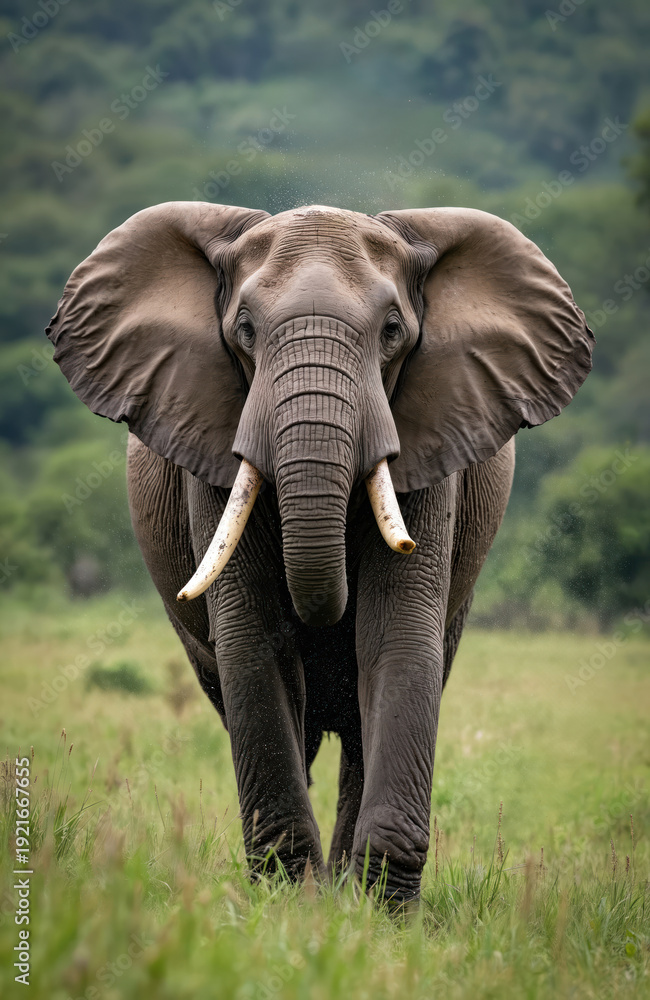 Fototapeta premium Large male African elephant walks forward on grassy savanna in Kenya. This massive mammal has big ears and tusks. Wildlife in its natural habitat.