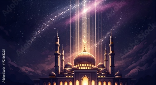Majestic Mosque Under Starry Night Sky with Celestial Light Beams and Crescent Moon