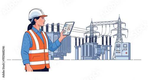 An engineer views data on a tablet inspecting power grid infrastructure in a striking silhouette high quality professional detailed modern elegant