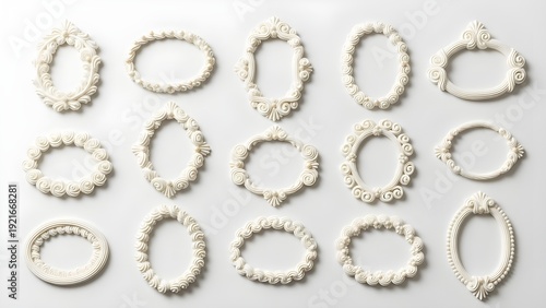 Fifteen decorative white icing frames in various oval and rectangular shapes, with intricate piped details and a matte finish, isolated on a white background.